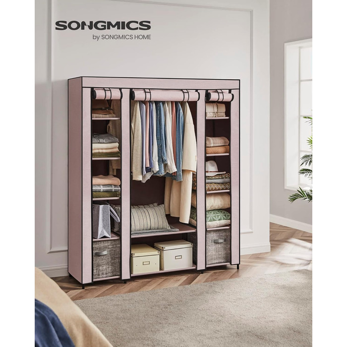 SONGMICS Wardrobe, Fabric Closet, with Clothes Rail and Shelves, Fabric Cover, for Bedroom, Dressing Room, 150 x 45 x 175 cm, LSF03H (Powder Pink)