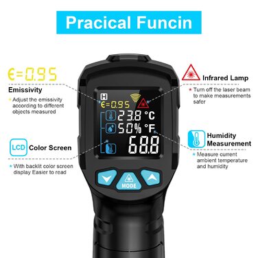 Інфрачервоний термометр MESTEK з лазерним цільовим вказівником -50°C ~ 550°C. Безконтактний вимірювач температури для кухні, барбекю, холодильника, промисловості