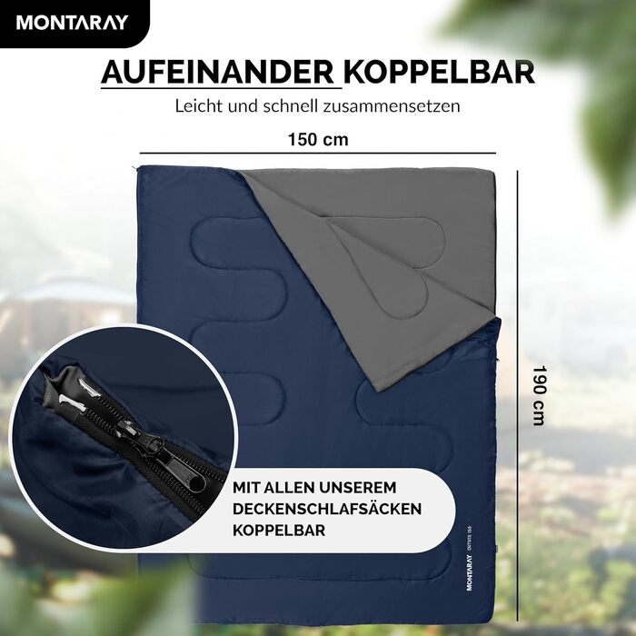 Montaray® Hooded Sleeping Bag -3°C - Outdoor Winter & Summer Sleeping Bag for Men & Women - 3-4 Season Hut Sleeping Bag (75 x 220 cm) - Blue, 150GSM