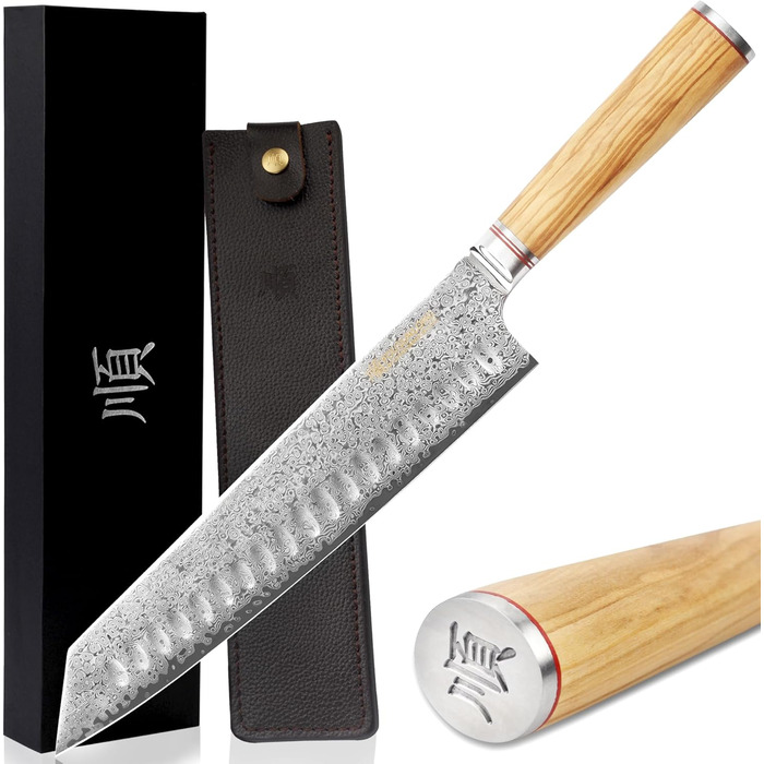 Японський ніж YOUSUNLONG Pro Gyuto 255мм з дамаської сталі - професійний кухонний ніж з дерев'яною ручкою та шкіряною піхвою