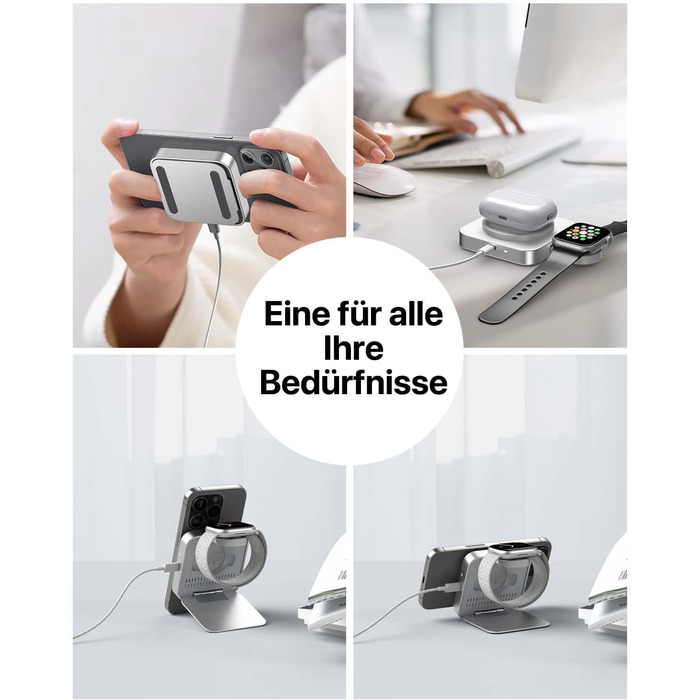 Бездротова зарядка MagSafe для Apple Watch та iPhone, сумісна з iPhone 16/15/14/13/12, iWatch, AirPods Pro 3/2 (срібна)