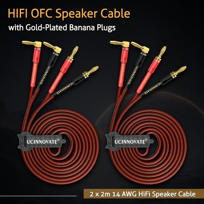 Акустичний кабель UCINNOVATE HiFi OFC 14AWG, 3м, позолочені роз'єми (банановий штекер — Y-подібний затискач), 2 шт.