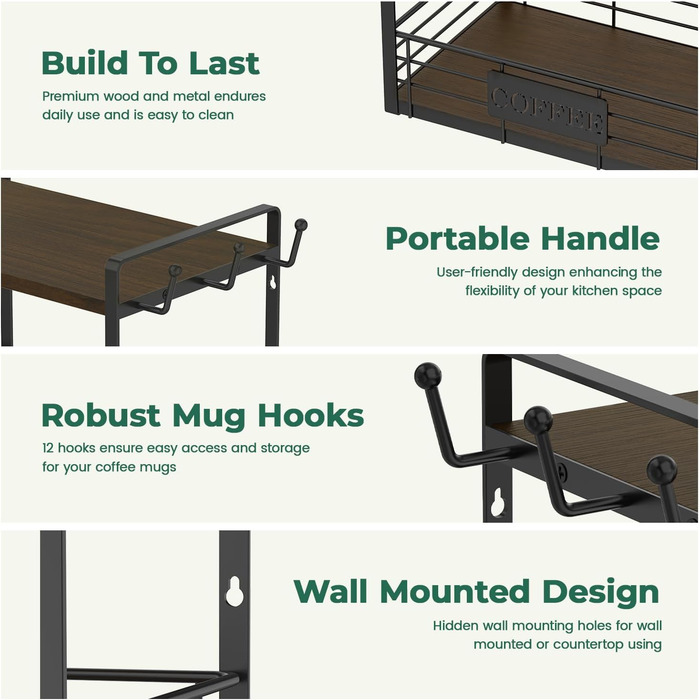 EsLuker.ly 2-Tier Mug Holder and Cup Stand, Mug Shelf for Coffee Cups, Coffee Organizer for Countertop, Coffee Station Organizer with Mug Holder, Vintage Brown-Black (14''H, Brown + Black)