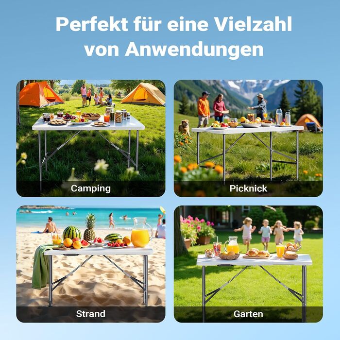 Складний кемпінговий стіл Wiltec 122x60x75 см з ручкою для перенесення - для пікніка, саду, вечірок