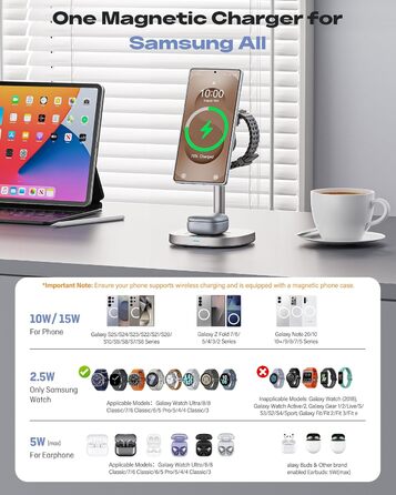 Бездротовий зарядний пристрій 3-в-1 Samsung 15W з охолодженням TEC, MagSafe для Galaxy S26 Ultra/S25/S24/Z Fold 7/Flip7, Watch Ultra/8/7, Buds4pro (Титан Золото)