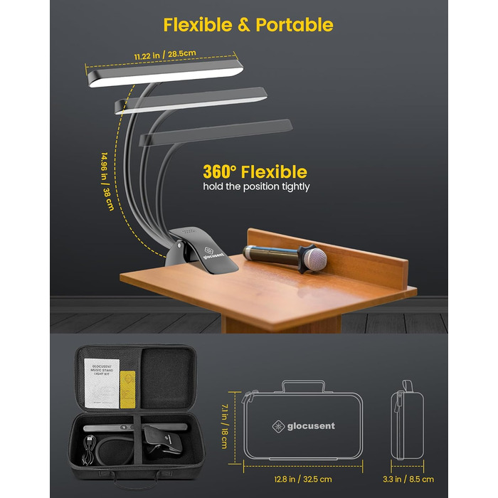 Світлодіодна лампа для нот Glocusent: професійна, 57 LED, для піаніно, з кейсом, 3 кольори, 5 рівнів яскравості, акумуляторна (140 год)