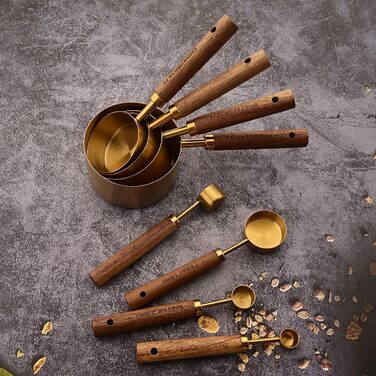 8-Piece Gold Measuring Cup and Spoon Set with Scale, BRIIEC Wooden Handle, Stainless Steel, Dry and Liquid Measuring Cups for Cooking, Baking