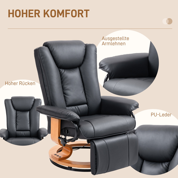 HOMCOM Recliner Chair, Swivel TV Chair with Reclining Function and Footrest, Holds up to 150 kg (220 lbs), Faux Leather TV Chair in Black for Living Room