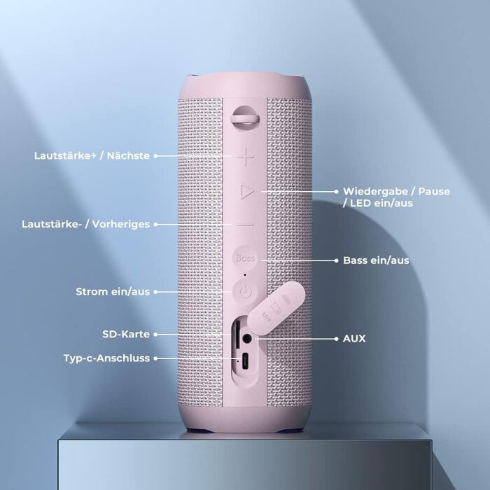 Bluetooth портативна колонка RIENOK з підсвіткою, IPX7, рожева, 3600 mAh