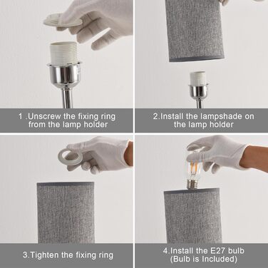 LED-лампа на тумбочку з торшером, сенсорне керування, USB-порт A+C, тканинний абажур, металева основа, для спальні, офісу, вітальні, з лампочкою (сіра)