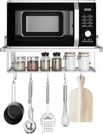 K-101 2-Layer Silver Aluminum Alloy Microwave Rack Oven Stand Kitchen Shelf Holder Wall Mount, Hanging with 10 Hooks