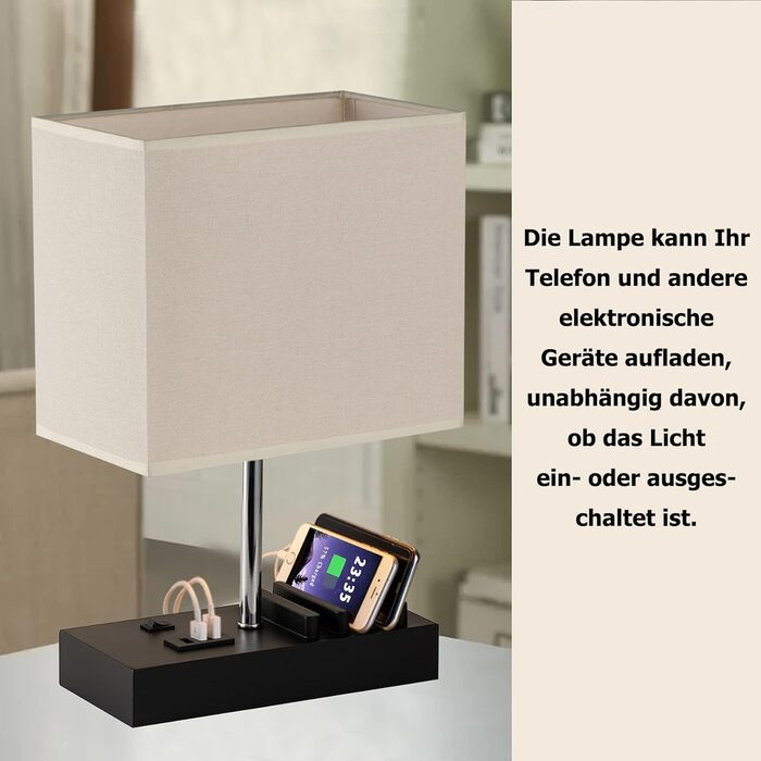 Настільна лампа Dreamholder з 3 USB-портами (A+C), підставкою для телефону, для спальні, вітальні, офісу, з натуральним дерев'яним цоколем та тканинним абажуром (чорний цоколь)