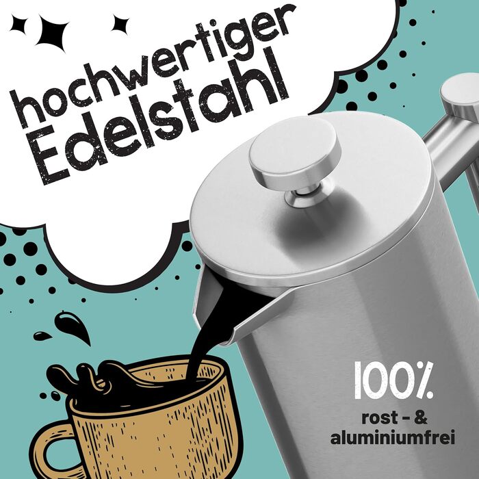 Morning Hero Premium Stainless Steel French Press, large size for 5 cups, 1000 ml, metal coffee press, induction suitable, 1l thermal insulated carafe, barista coffee maker, double-walled, manual coffee pot, 1000ml, 1000ml (5 cups)