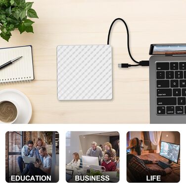 Зовнішній DVD-привід USB 3.0 та USB-C, CD/DVD Brenner для ноутбука та ПК (Windows, macOS, Linux), білий