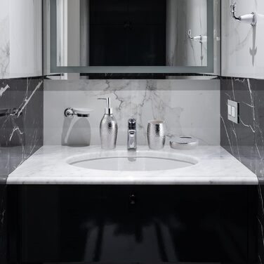 Silver Bathroom Accessories Set – 3-Piece Decorative Ceramic Bathroom Accessories Set with Lotion Soap Dispenser, Toothbrush Holder/Cup, and Soap Dish, Silver Gift Set for New Home Decor