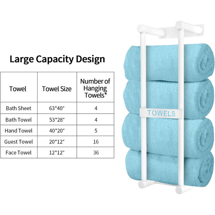 Тримач для рушників на стіну, велика полиця для рушників у ванну кімнату, металевий, білий, 56 см