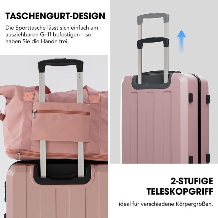 Набір валіз, багажний набір, роликові валізи, дорожній набір валіз 5шт, ABS пластик, TSA замок, містить 1 сумку та 1 косметичку, 4 колеса, телескопічна ручка з алюмінію (рожеве золото)