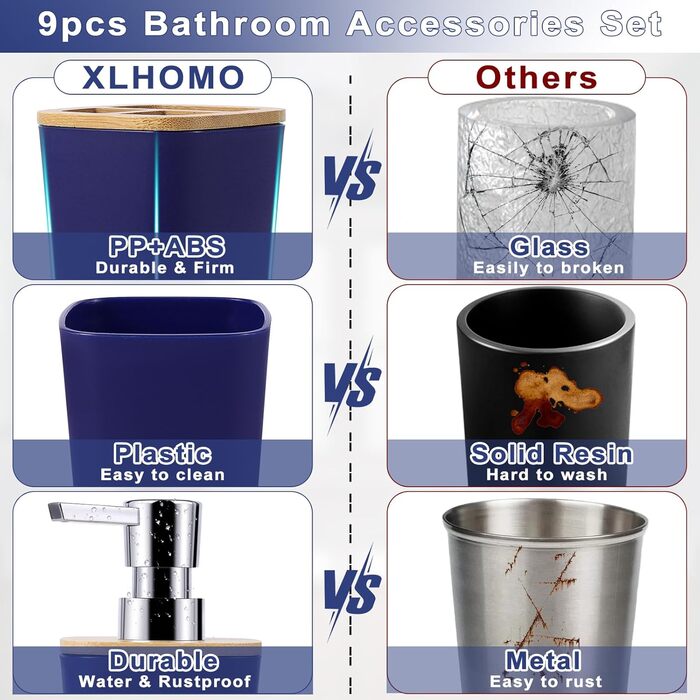 Набір аксесуарів для ванної кімнати, 9 предметів, морської синій колір. Включає: смітник, тримач для зубних щіток, стакан для зубних щіток, диспенсер для мила/лосьйону, тумбочка, мильниця, щітка для унітазу, тримач для ватних паличок.
