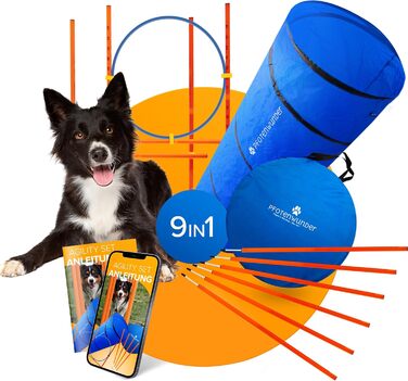 Набір для аджиліті для собак PfotenWunder® '9-in-1: 6 шлагбаумів, тунель, кільце, 1 перешкода. Для великих і малих собак. Тренування, спорт, ігри. Комплектація M-Set: шлагбаум, перешкода, кільце, тунель.