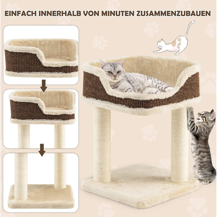 COSTWAY Cat Tree Small, Cat Tree with Large Plush Seat, Wooden Cat Scratching Post, Cat Furniture Climbing Tree, Activity Tree Play Tree, Natural Sisal Tower with Scratching Posts (Beige)