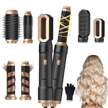 Фен-щітка 6 в 1 Airbrush Pro - комплект для створення зачісок | 1000W, круглі щітки, керлер, фен, щітка для випрямлення волосся, сушарка, щітка для укладки | Для всіх типів волосся - блакитний (чорне золото)