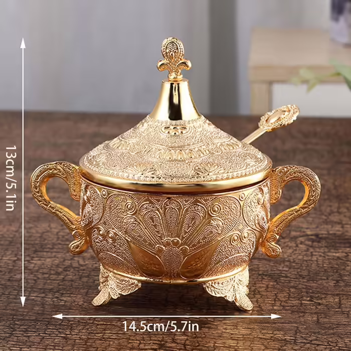 Candy jar, sugar bowl with lid and spoon, spice jar made of carved iron glass, metal spice pot - silver - 13x14.5cm