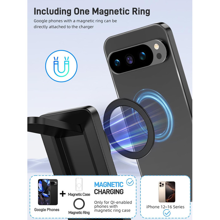 Магнітна зарядна станція 3-в-1 для Google Pixel Watch 3/2, Pixel 10/Pro/XL, 9/Pro/XL та Pixel Buds. Бездротовий зарядний пристрій Magsafe, складаний, для подорожей.