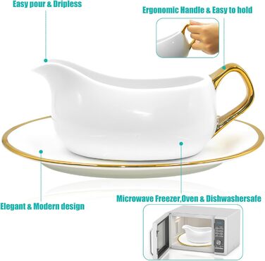 Cheardia Saucepan with Tray, 400 ml, white ceramic saucepan with gold trim, ergonomic handle and large drip-free spout for salad dressings, cream, broth, black pepper
