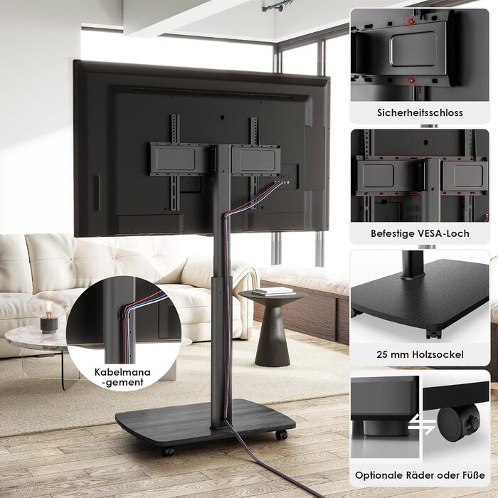 AOKCOS Rolling TV Stand with Shelf - Adjustable Height & Swivel - Fits 43-75 inch TVs (up to 50kg) - VESA 600x400mm - White & Natural Wood Finish