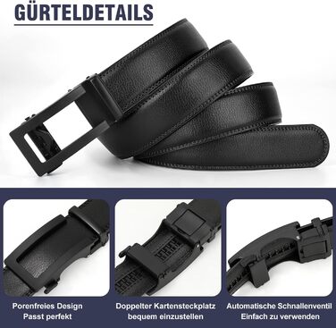 Чоловічий шкіряний ремінь JasGood з автоматичною застібкою, ширина 35 мм, чорний, 130 см (для талії 101-115 см)