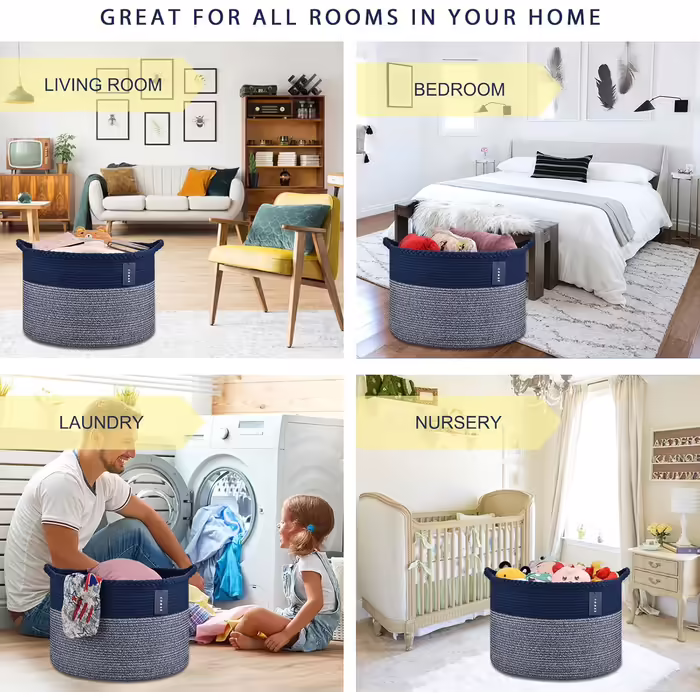 COMSE Extra Large Ceiling Basket, Woven Laundry Basket, 55 x 35 cm, Kids' Room, Cotton Rope, Laundry Basket, Living Room, for Storing Toys, Clothes, Towels, Black/Gray (Navy Blue)