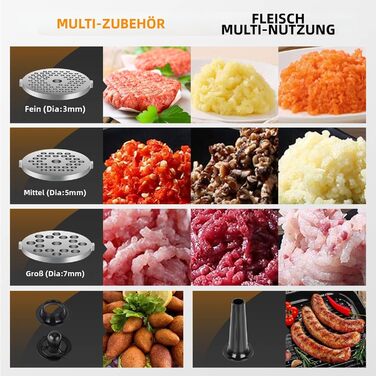 М'ясорубка електрична CHEFFANO 2000W з насадками для ковбас та кубебе, нержавіюча сталь, чорна