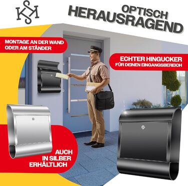 Поштовий ящик настінний KESSER XXL з нержавіючої сталі, з газетницею, замок з 3 ключами, чорний