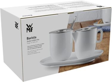 WMF Barista Sugar Bowl & Cream/Milk Pitcher Set - 130ml & 170ml - Porcelain with Lids and Saucers - Dishwasher Safe