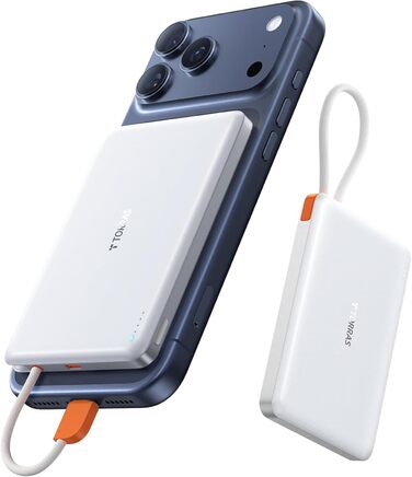 Портативний зарядний пристрій TORRAS 10000mAh з кабелем USB-C, 22.5W PD3.0, білий. Сумісний з iPhone, Samsung, AirPods.