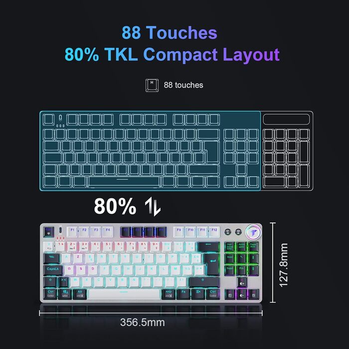 Механічна ігрова клавіатура TECURS бездротова 80% TKL з підсвічуванням, Red Switch, QWERTZ, для ПК, ноутбука, Windows, чорно-біла