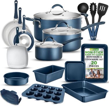 NutriChef 20-Piece Non-Stick Cookware Set, Pots & Pans Set & Baking Pans | PFOA/PFOS-Free | Cookware Set - Induction Pots & Pans, Round Cake Pan, Loaf Pan, Roasting Pan, Muffin Tin, Baking Sheet Marine Blue