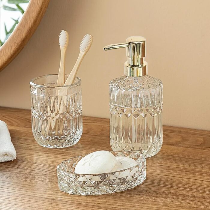 Набір аксесуарів для ванної кімнати 5 предметів: дозатор для мила та лосьйону, склянка для зубних щіток, стаканчик, мильниця та органайзер зі скла, прозорий, сучасний дизайн для ванної, кухні, косметичного столика, декор