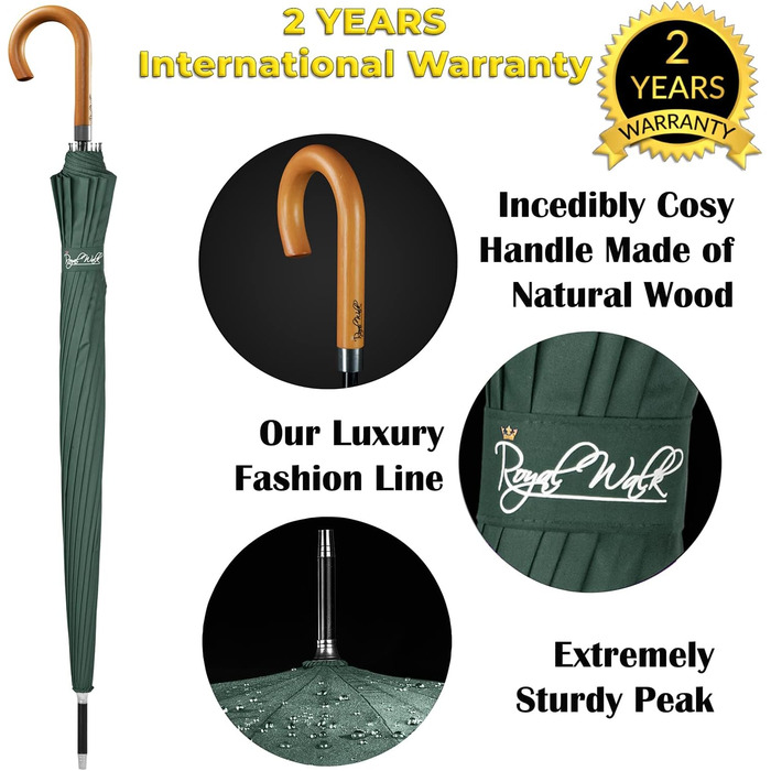 Royal Walk Automatic Travel Golf Umbrella - 54 Inch/137cm - Windproof, Waterproof, Large Size for 2 People - Classic Design, Wooden Handle, Unisex