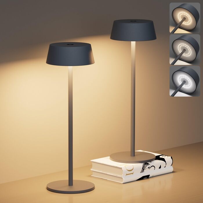 Світлодіодний акумуляторний настільний світильник Klighten з димером, сенсорний, металевий, алюмінієвий, IP54, перезаряджуваний, тепле біле світло 3000K, антрацит