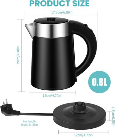 Електричний чайник-термос Hixava 800 мл для кемпінгу та подорожей. Швидкий нагрів, нержавіюча сталь