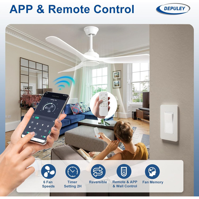 Стеляний вентилятор Depuley Leise з підсвічуванням для вулиці: LED лампа з вентилятором для саду, тераси - 132см, з підсвічуванням та APP для вітальні, ресторану, офісу (Білий, 52'' без підсвічування)