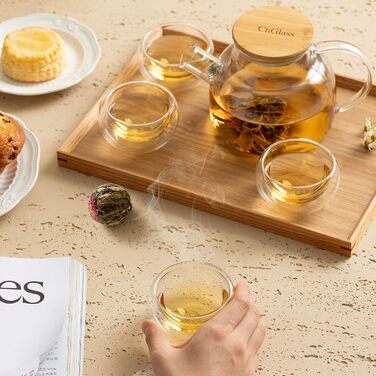 Скляна чайниця з ситечком CnGlass, 900мл, стійка до плити, для листового та квіткового чаю, комплект з 4 чашками по 100мл