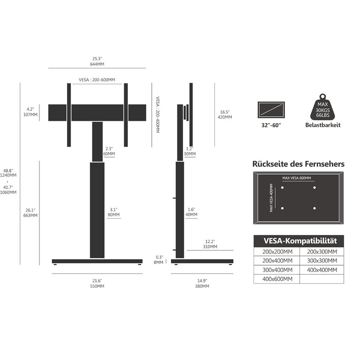 FITUEYES Adjustable Swivel TV Stand - Floor Mount for 32-60 Inch Flat & Curved TVs (Up to 30kg, VESA 600x400) - White