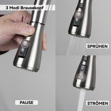 Чорний кухонний змішувач SEMANEY з витяжною лійкою, 3 функції, поворотний на 360°, з нержавіючої сталі (щіткова обробка)