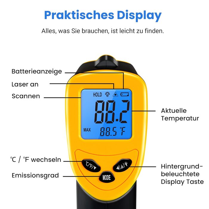 Інфрачервоний термометр Etekcity -50°C до +450°C (610°C) - цифровий лазерний термометр для кухні, піци, гриля, випічки