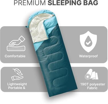 Сплячий мішок Azark Leichter Premium для дорослих та дітей, 400 г/м², 4 сезони, водонепроникний, зручний та портативний, машинного прання, для кемпінгу та піших прогулянок, чорний / зелений (світло-блакитний/темно-блакитний)