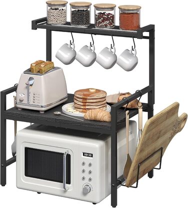 Поличка для мікрохвильової печі, кухонна поличка, 2 яруси, з підставкою для обробної дошки, органайзер з 8 гачками, чорний, ABRBN5301