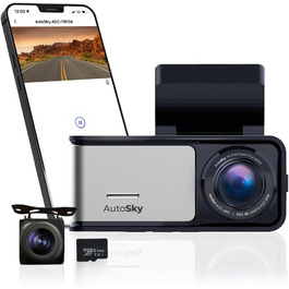 Відеореєстратор AutoSky 4K Dual GPS WiFi з двома камерами: фронтальна 4K Ultra HD, задня 1080P, широкий кут 140°, G-сенсор, циклічна та часова зйомка, нічне бачення, детекція руху