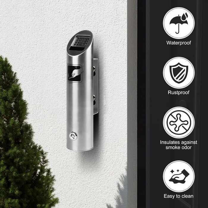 Настінний попільничка CPROSP з нержавіючої сталі, 28.5 x 6.5 см, з замком, для саду, двору, вілли, монтаж на стіну